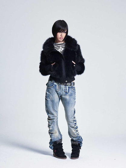 NONAME SPACE Diamond Quilted Detachable Fur Collar Cross Rhinestone Women&