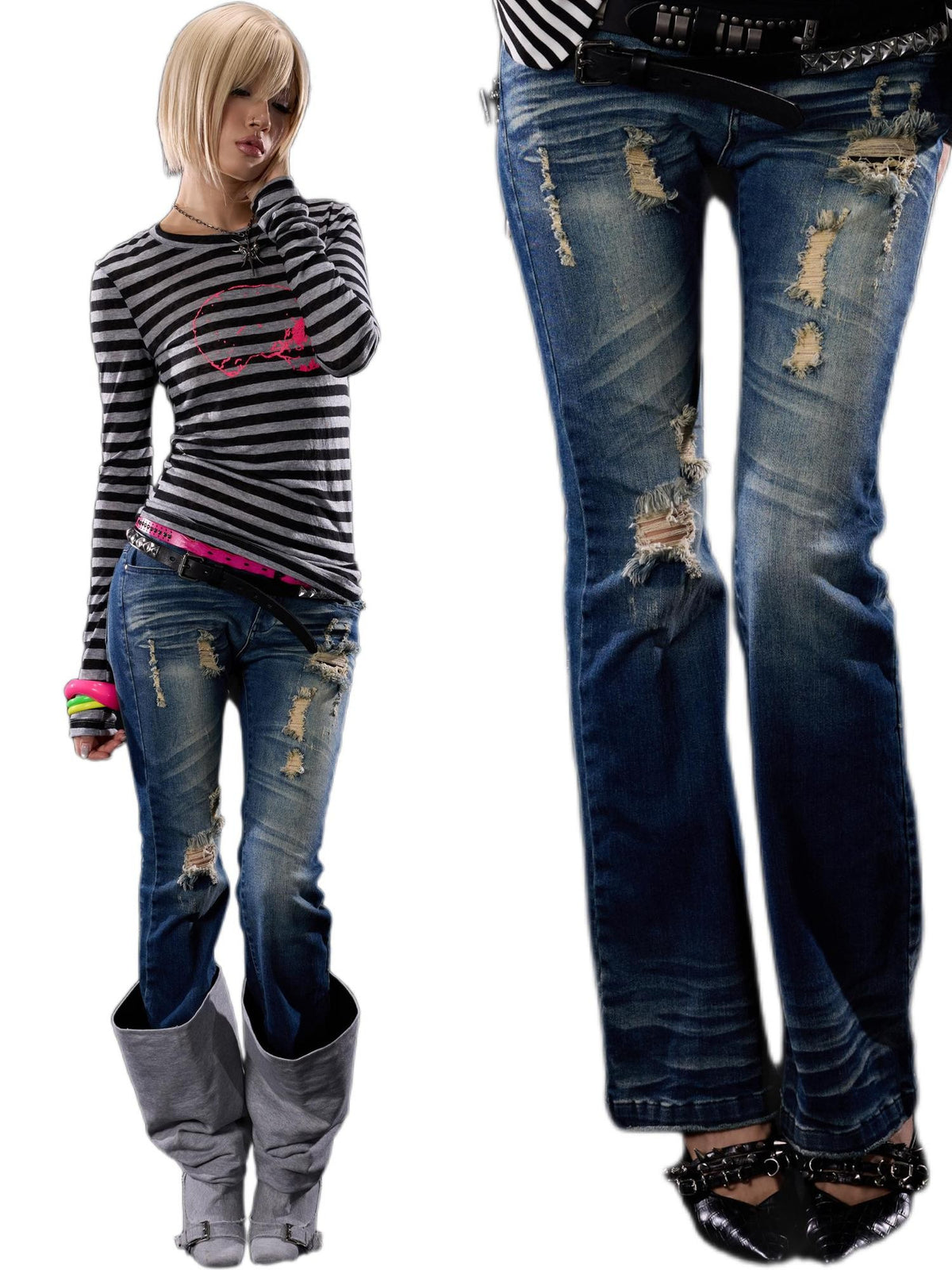 NONAME SPACE Distressed Cross Studded Mid Rise Stretch Women&