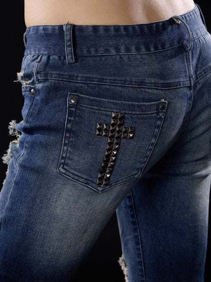 NONAME SPACE Distressed Cross Studded Mid Rise Stretch Women&