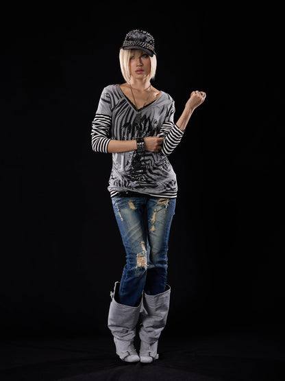 NONAME SPACE Distressed Cross Studded Mid Rise Stretch Women&