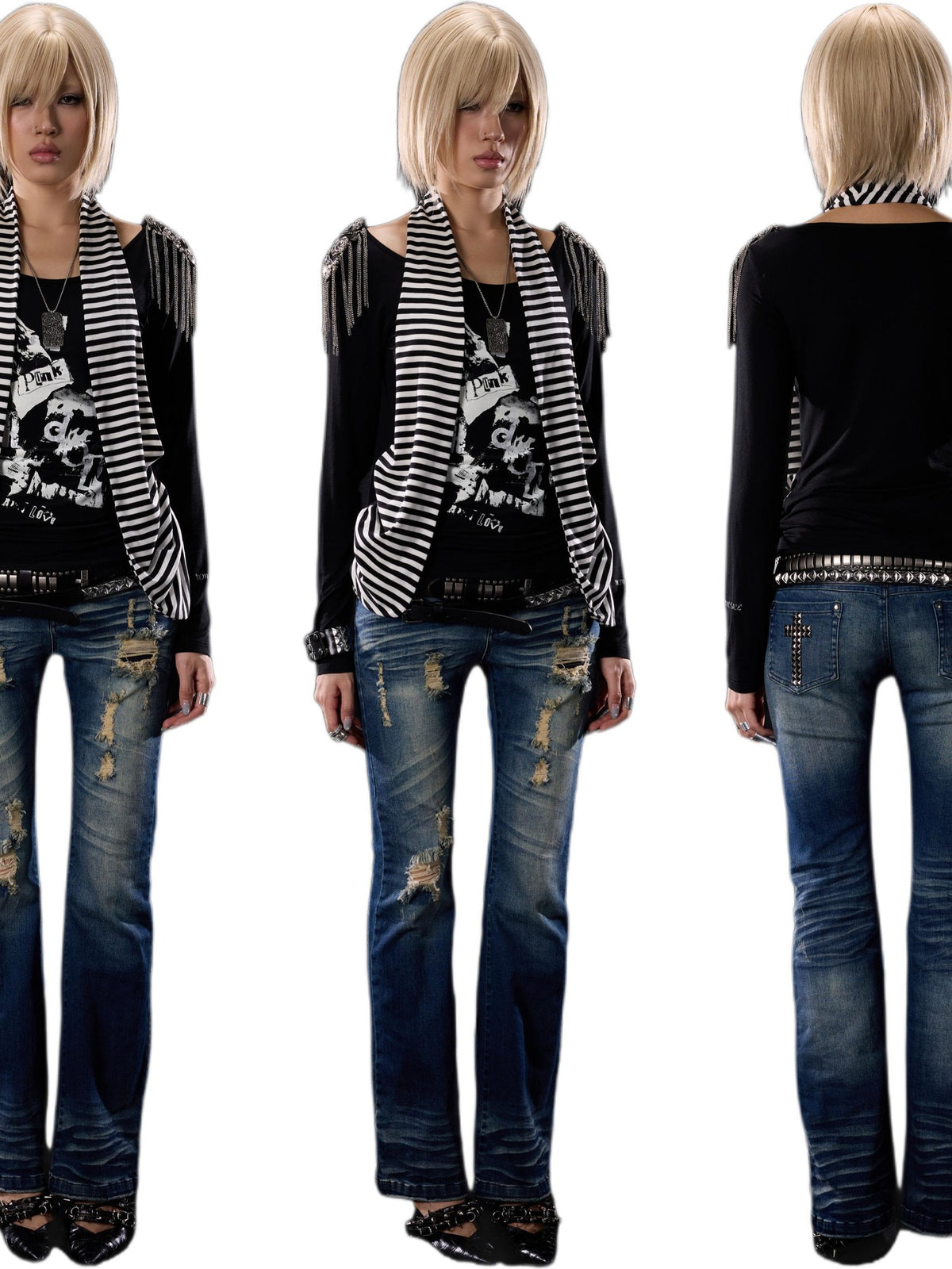 NONAME SPACE Distressed Cross Studded Mid Rise Stretch Women&