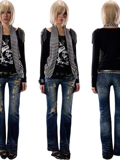 NONAME SPACE Distressed Cross Studded Mid Rise Stretch Women&