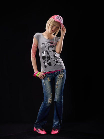 NONAME SPACE Distressed Cross Studded Mid Rise Stretch Women&