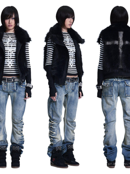 NONAME SPACE Distressed Heavywork Stacked Curved Women&