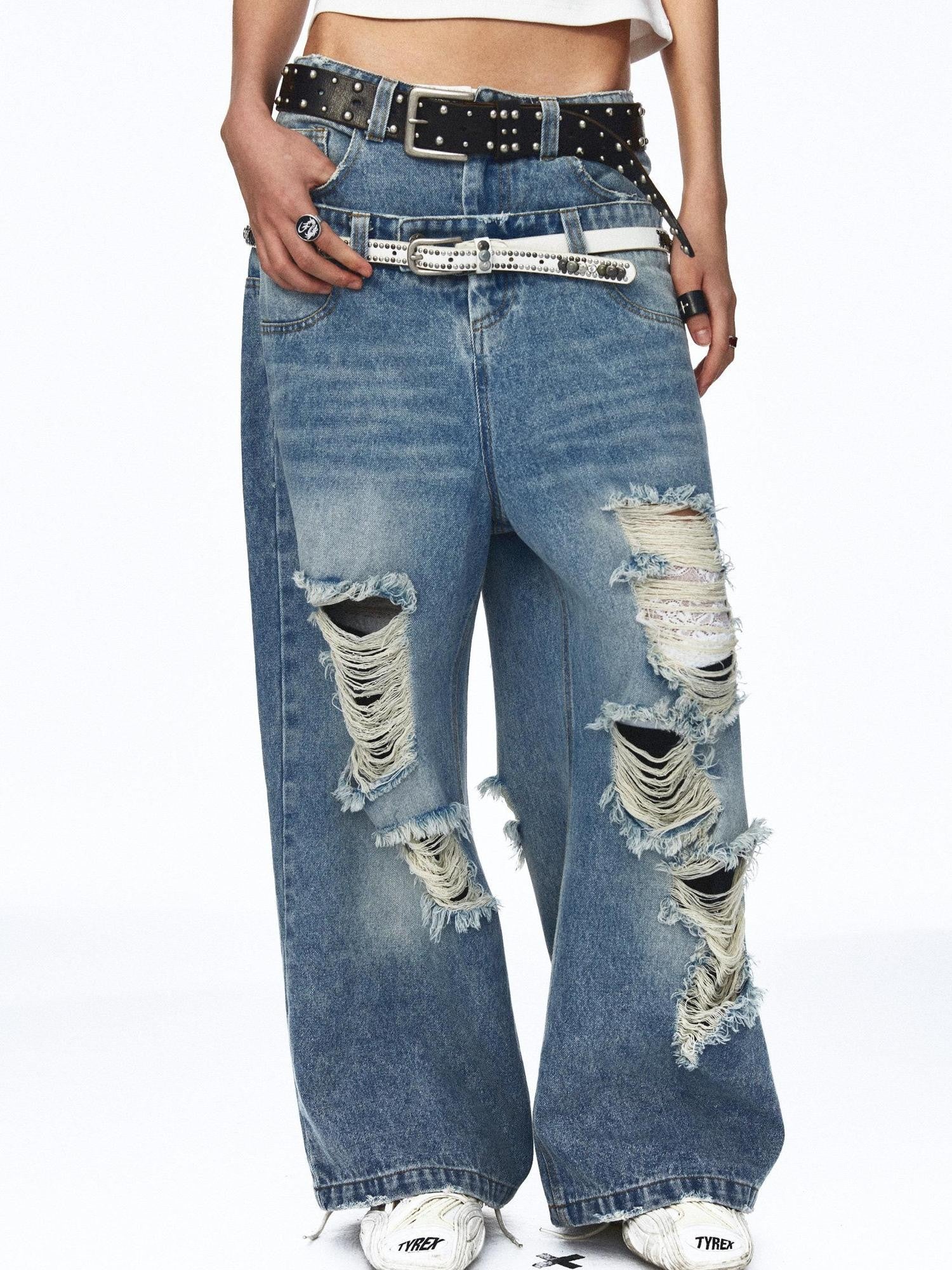 NONAME SPACE Distressed Vintage Washed Double Waistband Women&