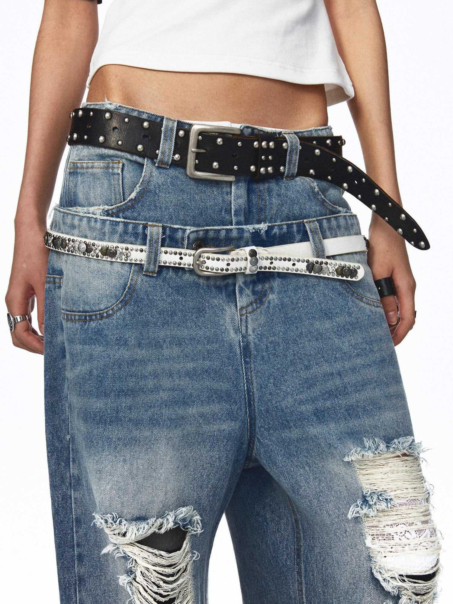 NONAME SPACE Distressed Vintage Washed Double Waistband Women&