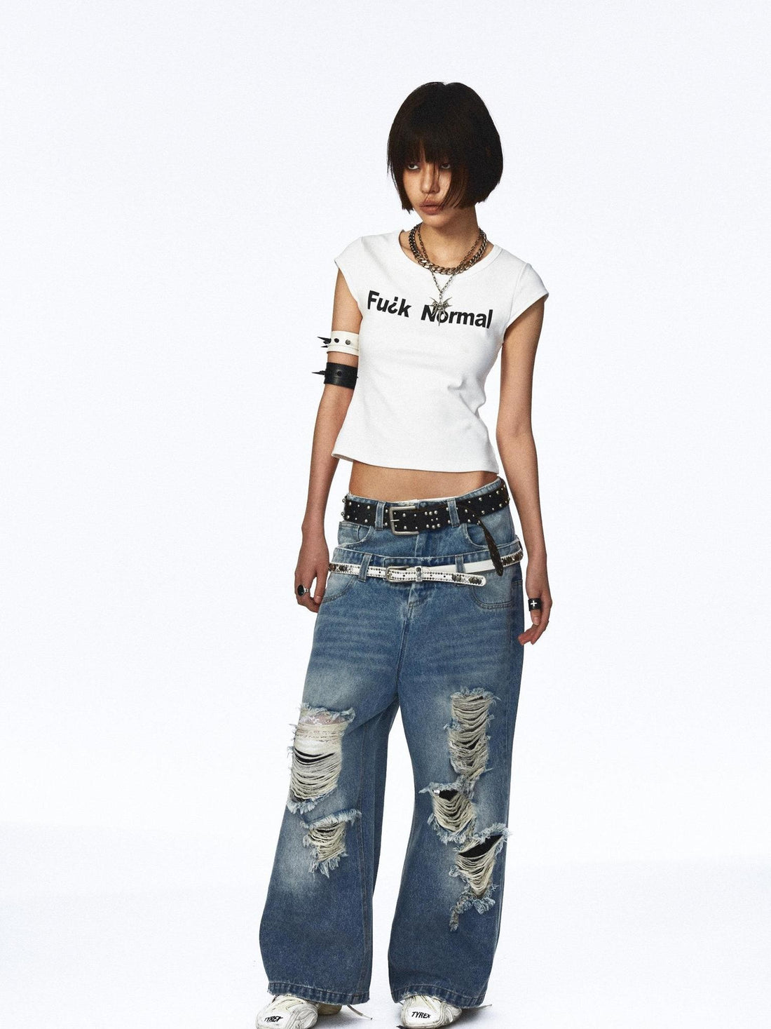 NONAME SPACE Distressed Vintage Washed Double Waistband Women&