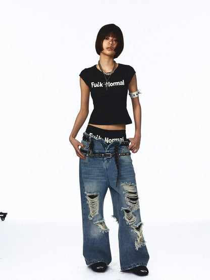 NONAME SPACE Distressed Vintage Washed Double Waistband Women&
