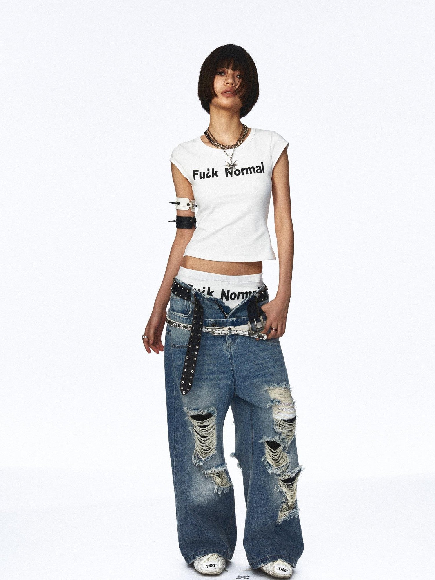 NONAME SPACE Distressed Vintage Washed Double Waistband Women&