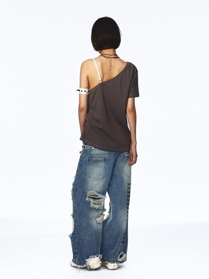 NONAME SPACE Distressed Vintage Washed Double Waistband Women&