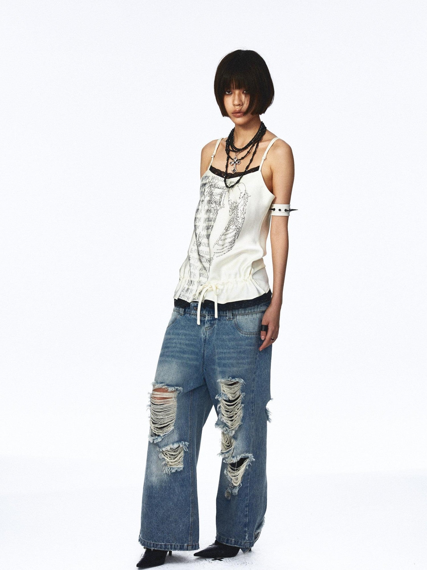 NONAME SPACE Distressed Vintage Washed Double Waistband Women&