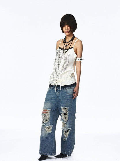 NONAME SPACE Distressed Vintage Washed Double Waistband Women&