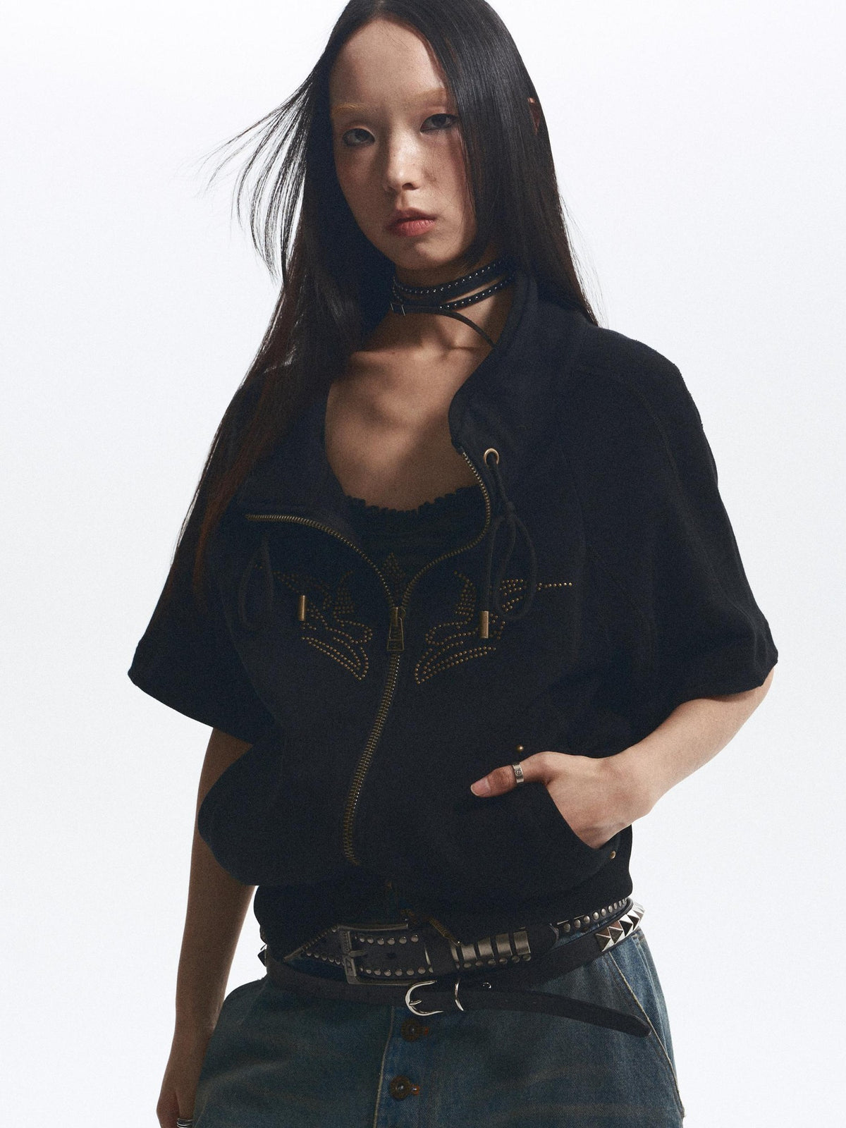 NONAME SPACE Embroidered Cross Print Short Sleeve Women&