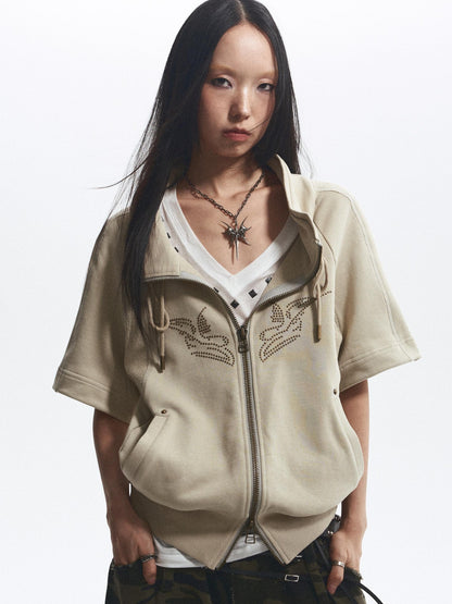 NONAME SPACE Embroidered Cross Print Short Sleeve Women&
