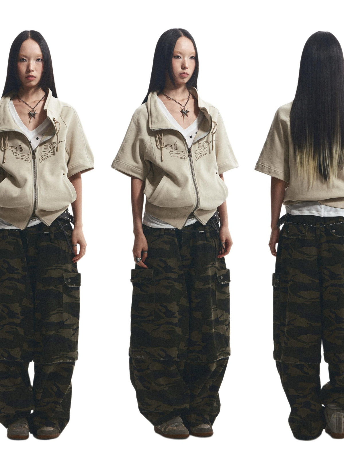NONAME SPACE Embroidered Cross Print Short Sleeve Women&