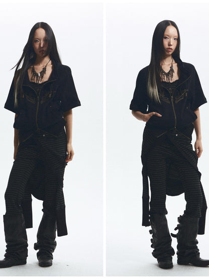 NONAME SPACE Embroidered Cross Print Short Sleeve Women&