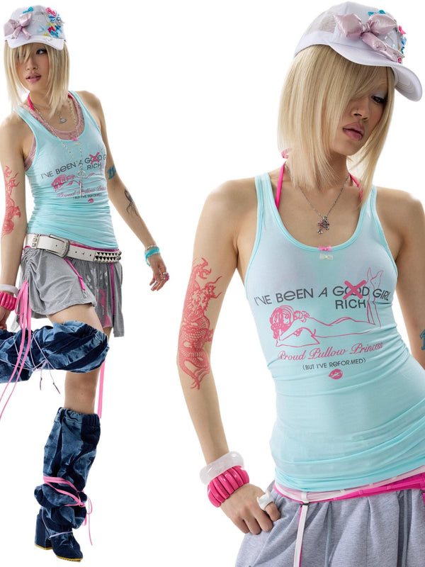 Ice Blue Three Tone Stretch Knit Mesh Print Y Strap Women's Cotton Tank Tops