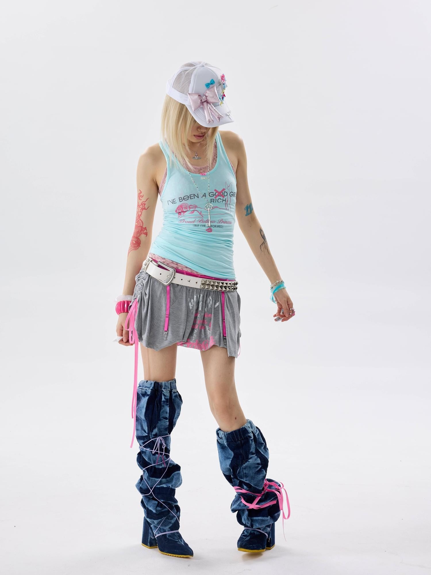 NONAME SPACE Ice Blue Three Tone Stretch Knit Mesh Print Y Strap Women&