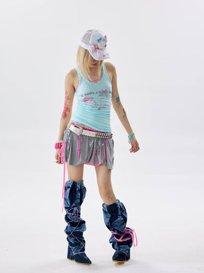 NONAME SPACE Ice Blue Three Tone Stretch Knit Mesh Print Y Strap Women&