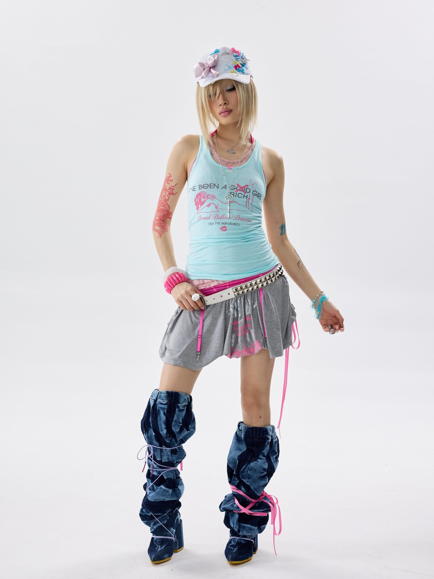 NONAME SPACE Ice Blue Three Tone Stretch Knit Mesh Print Y Strap Women&