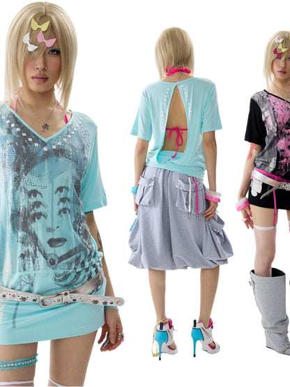 NONAME SPACE Ice Blue Two Way Studded Open Back V-neck Stretch Women&