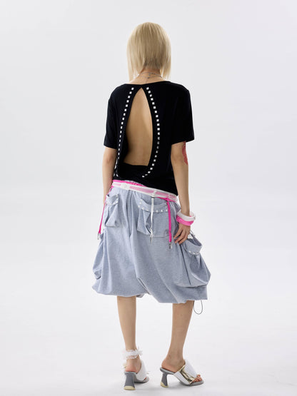 NONAME SPACE Ice Blue Two Way Studded Open Back V-neck Stretch Women&