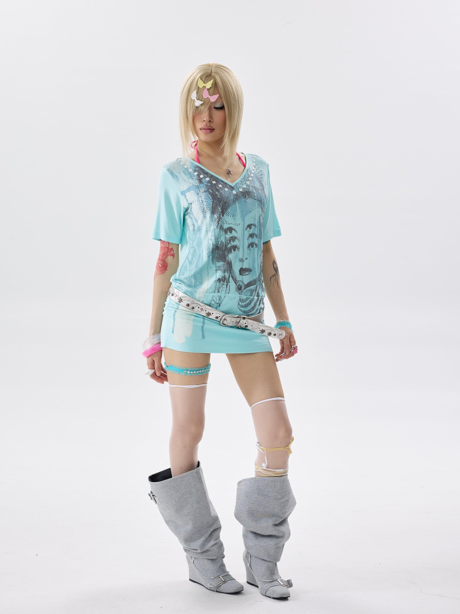NONAME SPACE Ice Blue Two Way Studded Open Back V-neck Stretch Women&