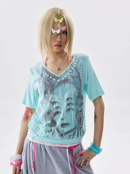 NONAME SPACE Ice Blue Two Way Studded Open Back V-neck Stretch Women&