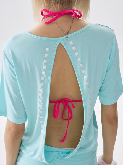 NONAME SPACE Ice Blue Two Way Studded Open Back V-neck Stretch Women&