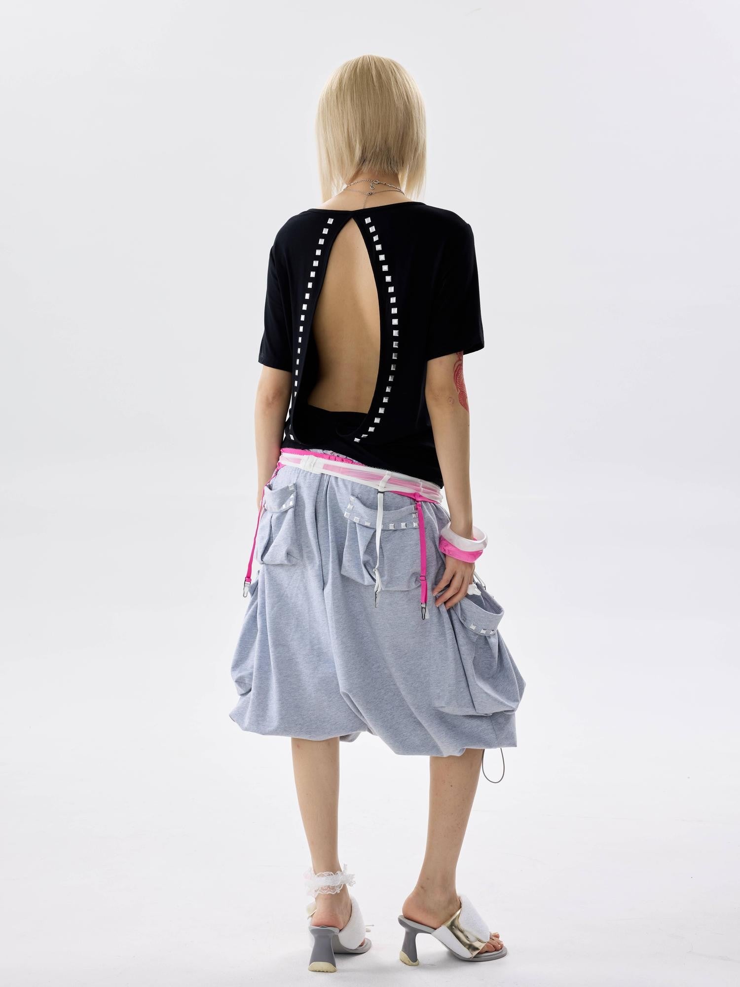 NONAME SPACE Ice Blue Two Way Studded Open Back V-neck Stretch Women&