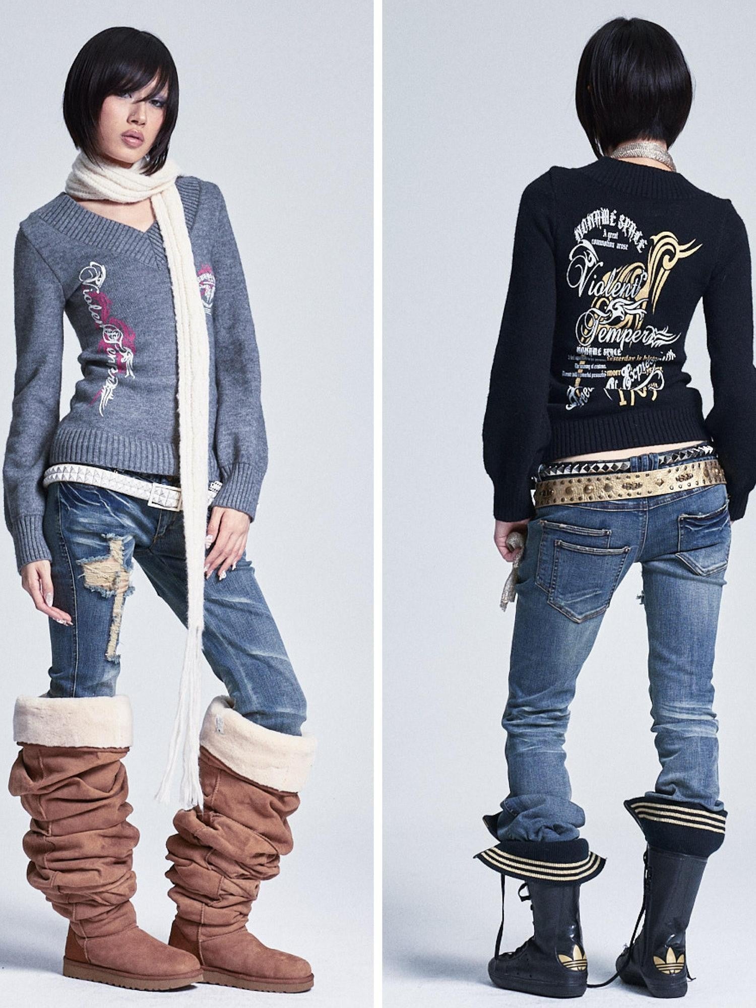 NONAME SPACE Lantern Sleeve Printed V-neck Slim Fit Women&