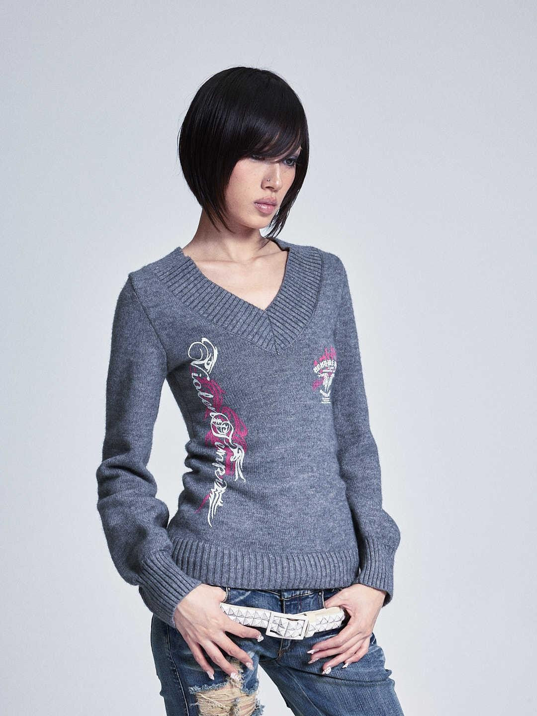 NONAME SPACE Lantern Sleeve Printed V-neck Slim Fit Women&