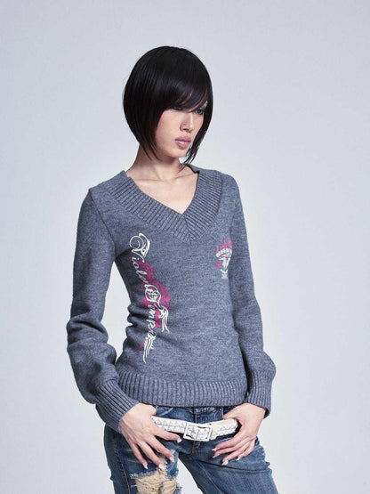 NONAME SPACE Lantern Sleeve Printed V-neck Slim Fit Women&