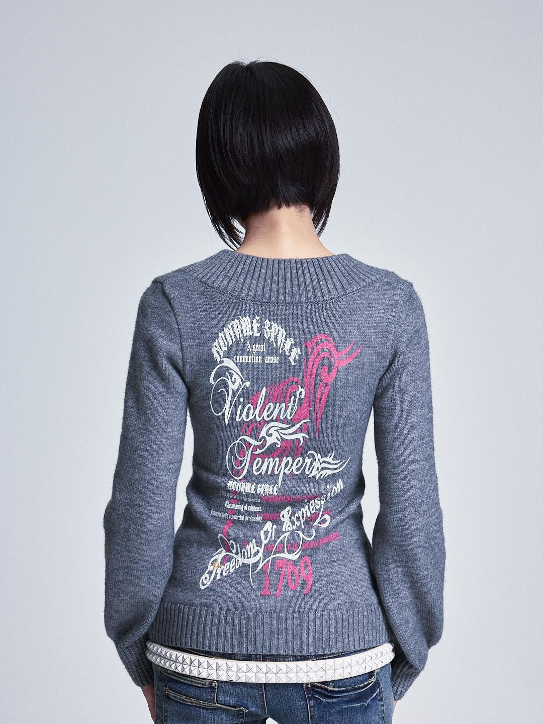 NONAME SPACE Lantern Sleeve Printed V-neck Slim Fit Women&
