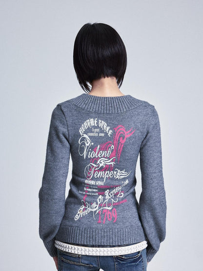 NONAME SPACE Lantern Sleeve Printed V-neck Slim Fit Women&