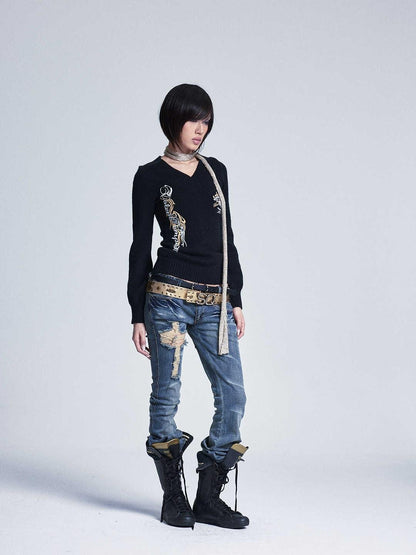 NONAME SPACE Lantern Sleeve Printed V-neck Slim Fit Women&