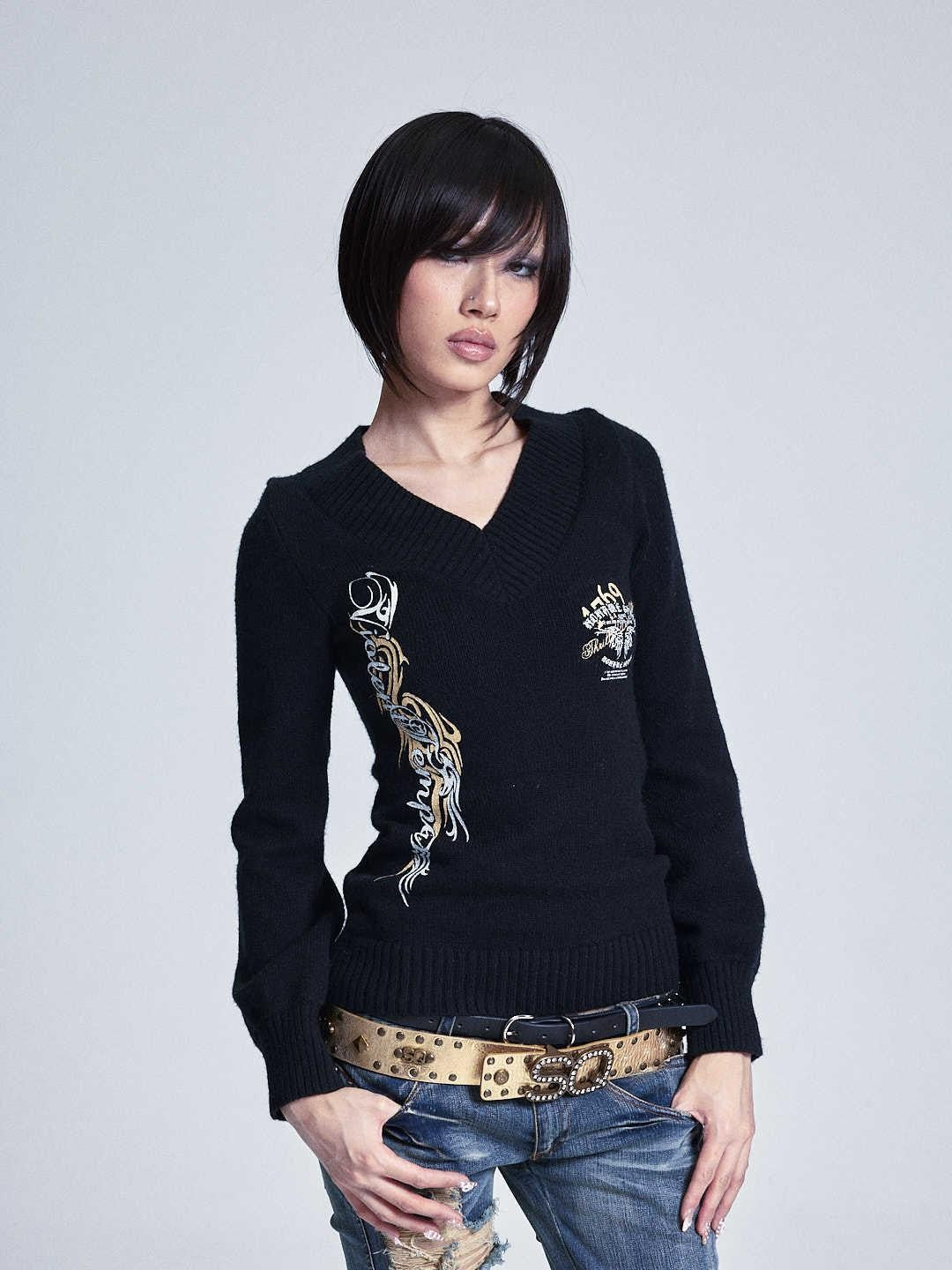 NONAME SPACE Lantern Sleeve Printed V-neck Slim Fit Women&