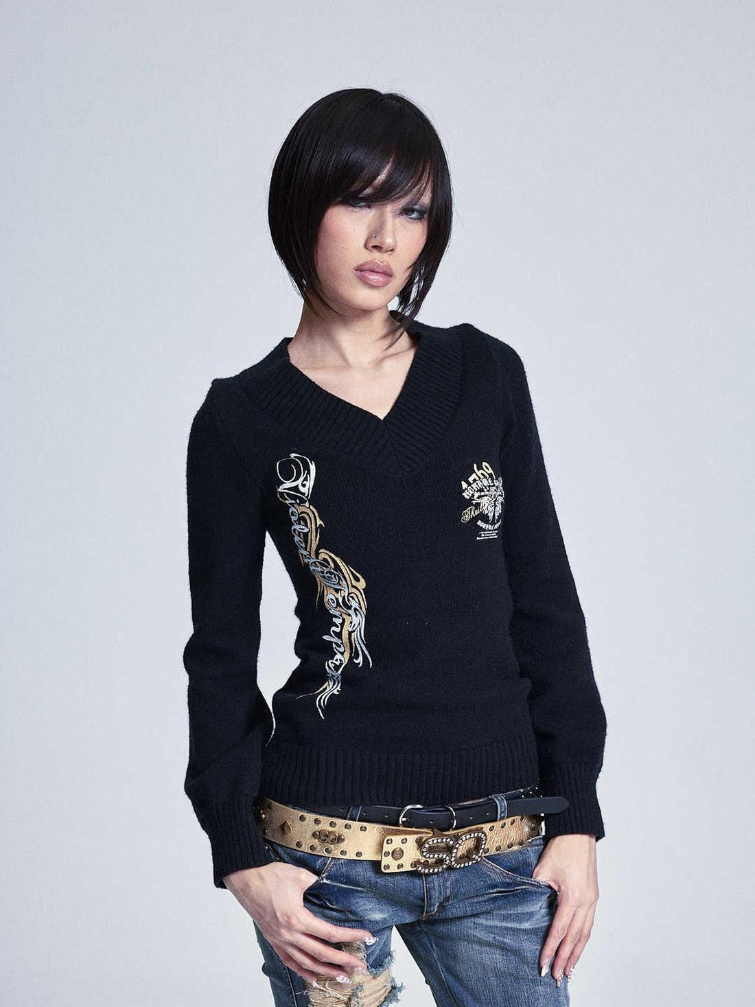 NONAME SPACE Lantern Sleeve Printed V-neck Slim Fit Women&