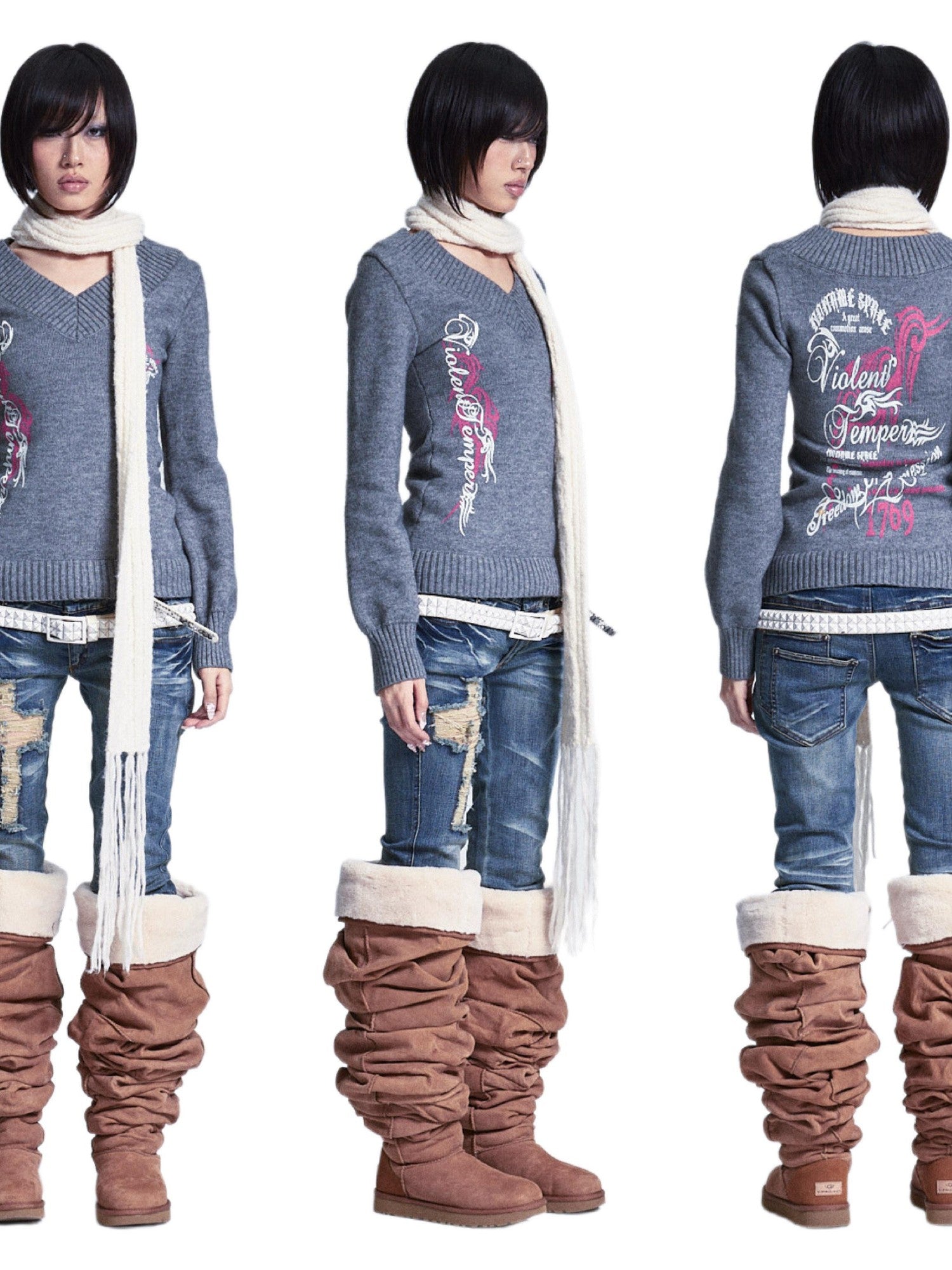 NONAME SPACE Lantern Sleeve Printed V-neck Slim Fit Women&