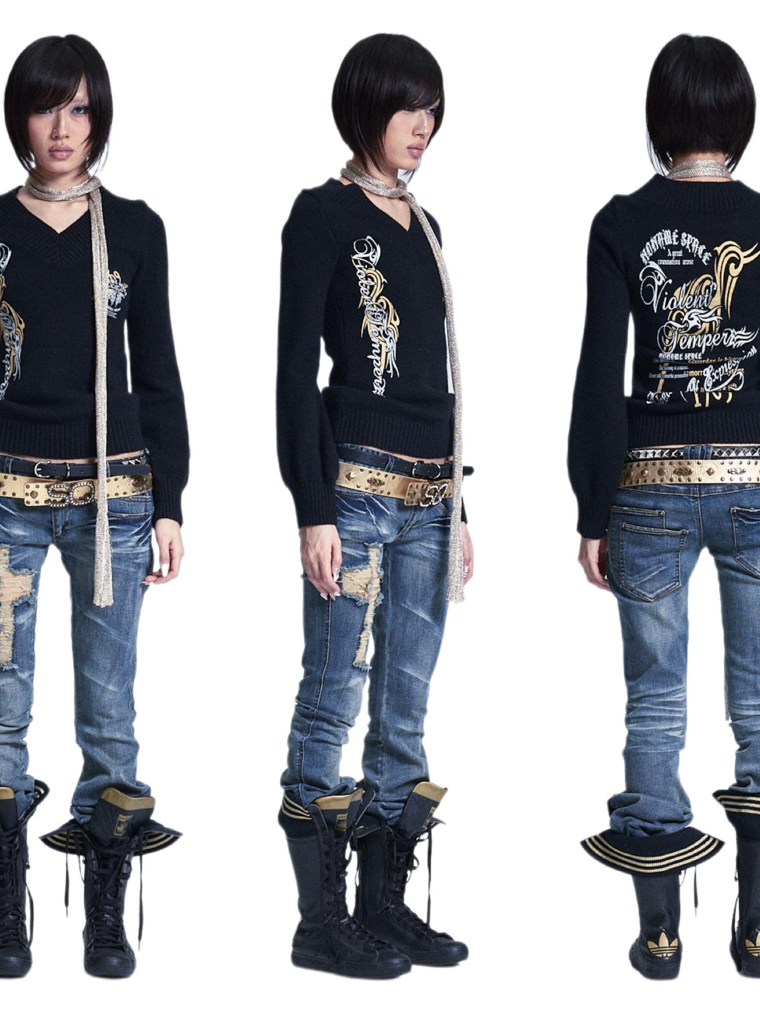 NONAME SPACE Lantern Sleeve Printed V-neck Slim Fit Women&