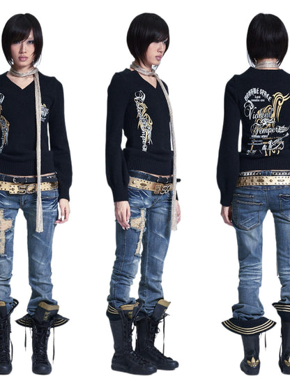 NONAME SPACE Lantern Sleeve Printed V-neck Slim Fit Women&