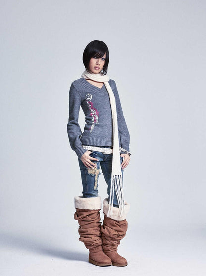 NONAME SPACE Lantern Sleeve Printed V-neck Slim Fit Women&