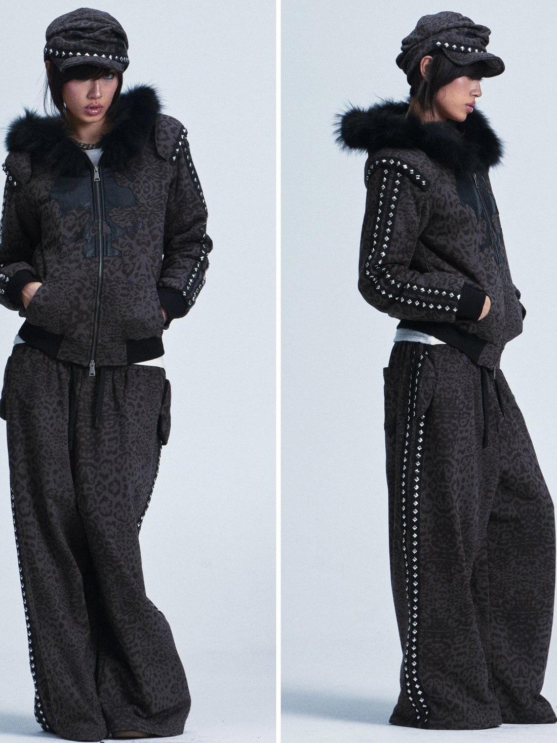 NONAME SPACE Leopard Padded Shoulder Fox Fur Collar Hooded Women&
