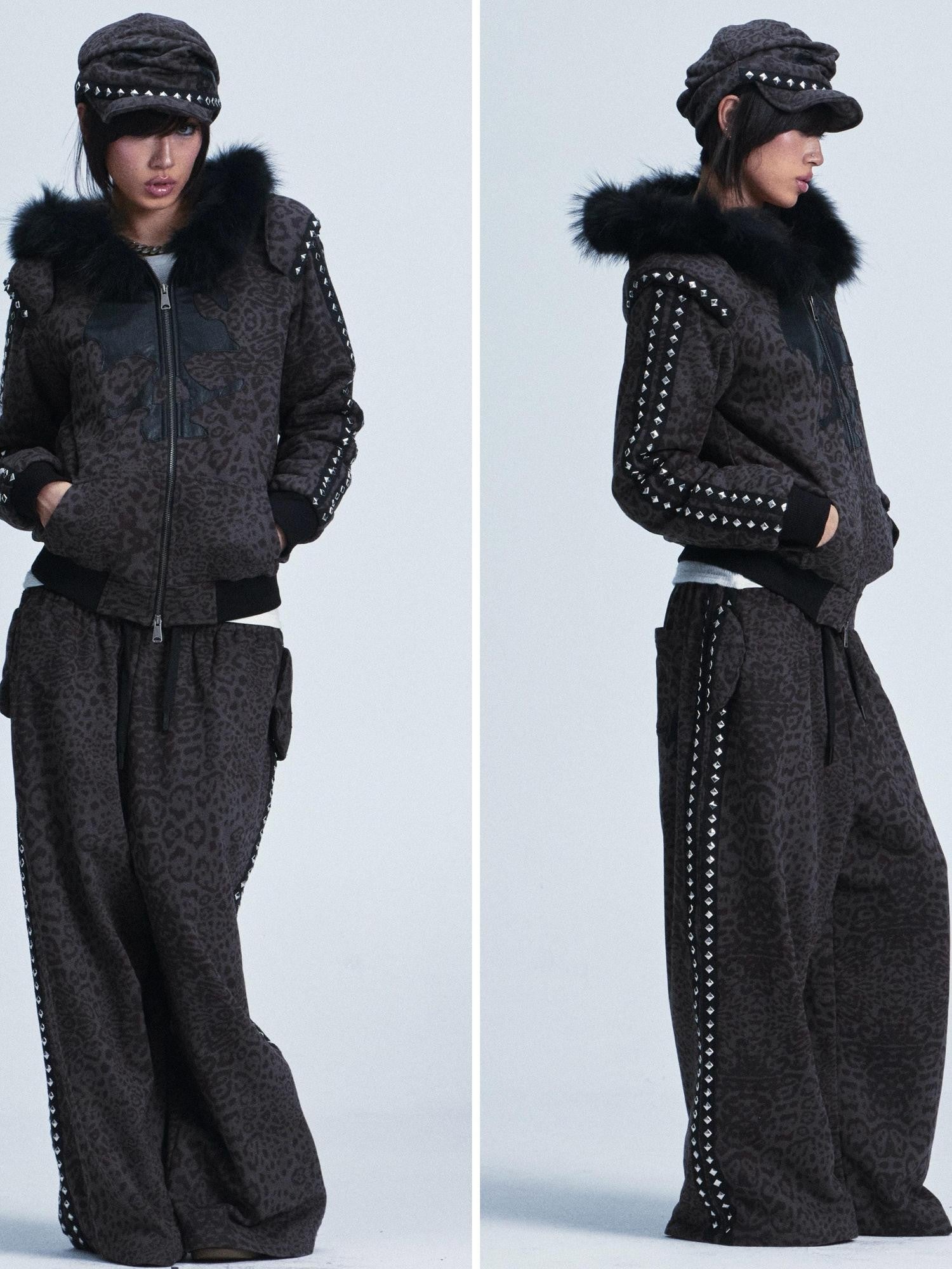 NONAME SPACE Leopard Padded Shoulder Fox Fur Collar Hooded Women&
