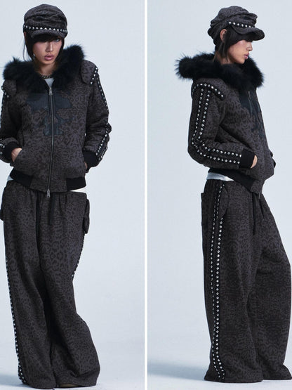 NONAME SPACE Leopard Padded Shoulder Fox Fur Collar Hooded Women&