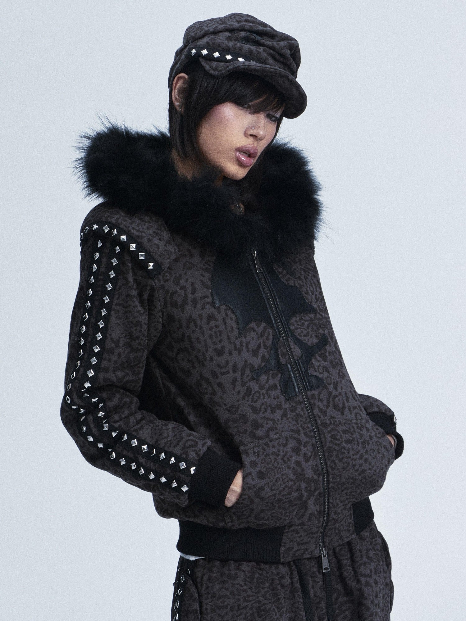 NONAME SPACE Leopard Padded Shoulder Fox Fur Collar Hooded Women&