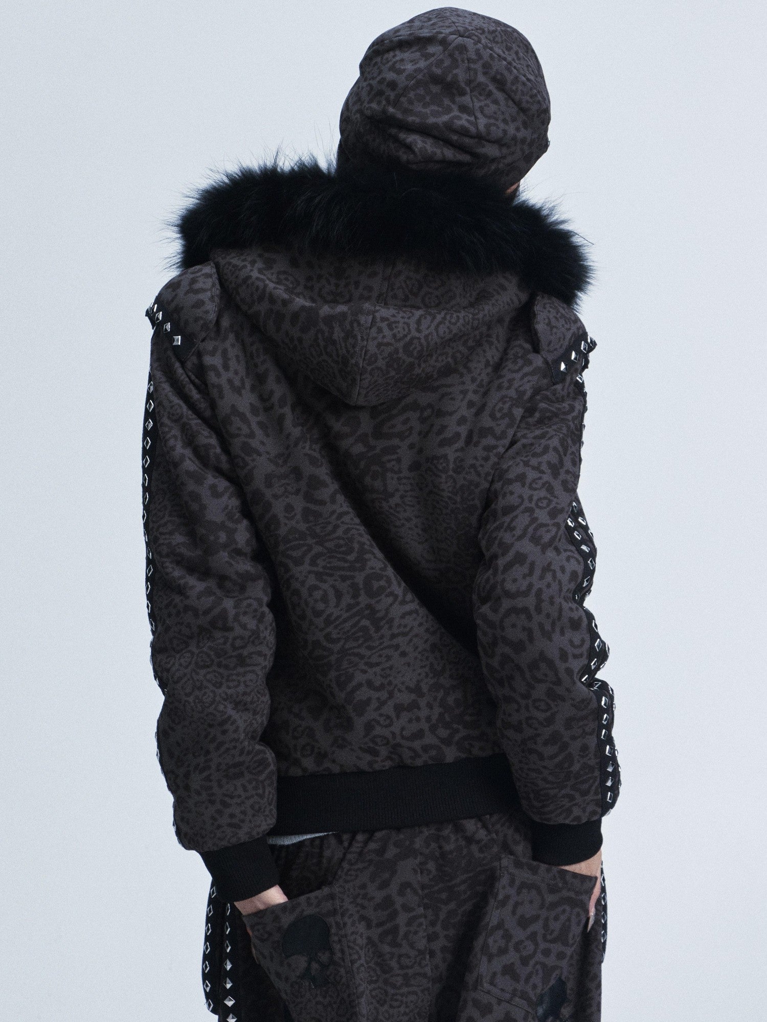 NONAME SPACE Leopard Padded Shoulder Fox Fur Collar Hooded Women&