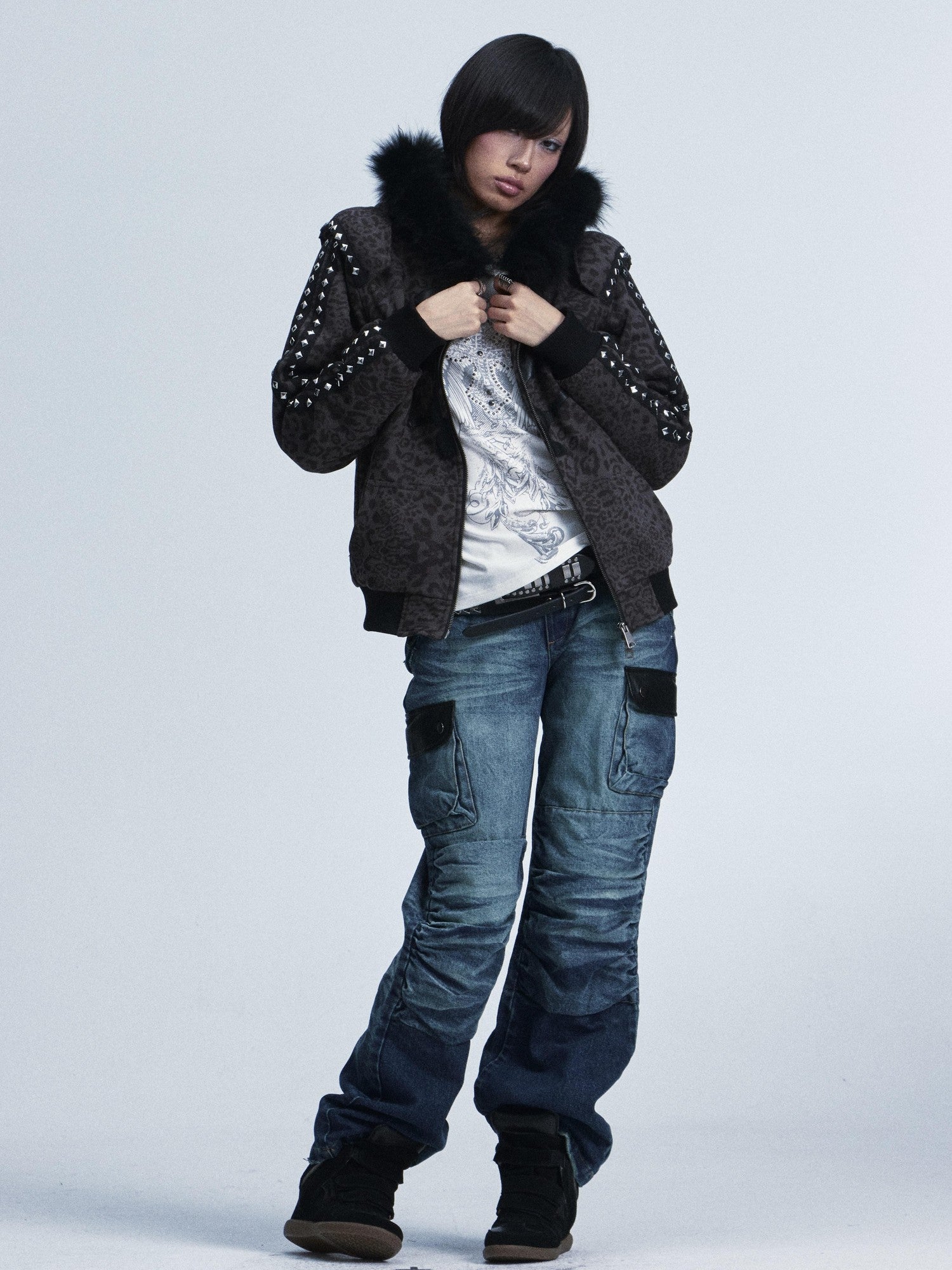 NONAME SPACE Leopard Padded Shoulder Fox Fur Collar Hooded Women&