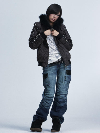 NONAME SPACE Leopard Padded Shoulder Fox Fur Collar Hooded Women&