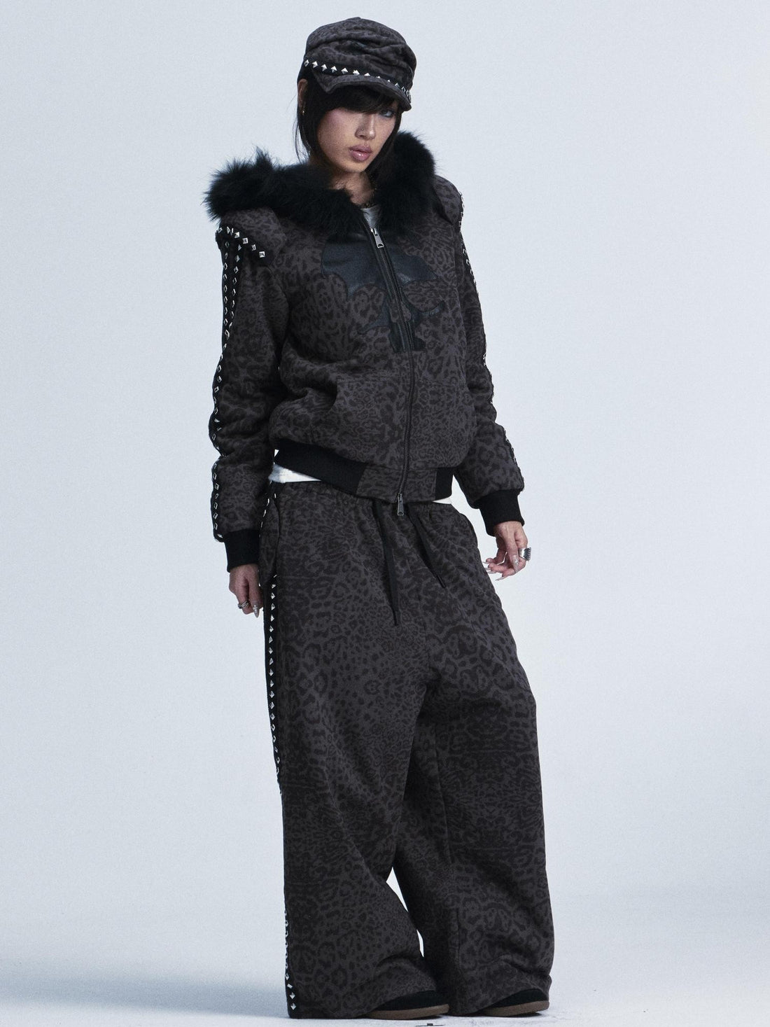 NONAME SPACE Leopard Padded Shoulder Fox Fur Collar Hooded Women&